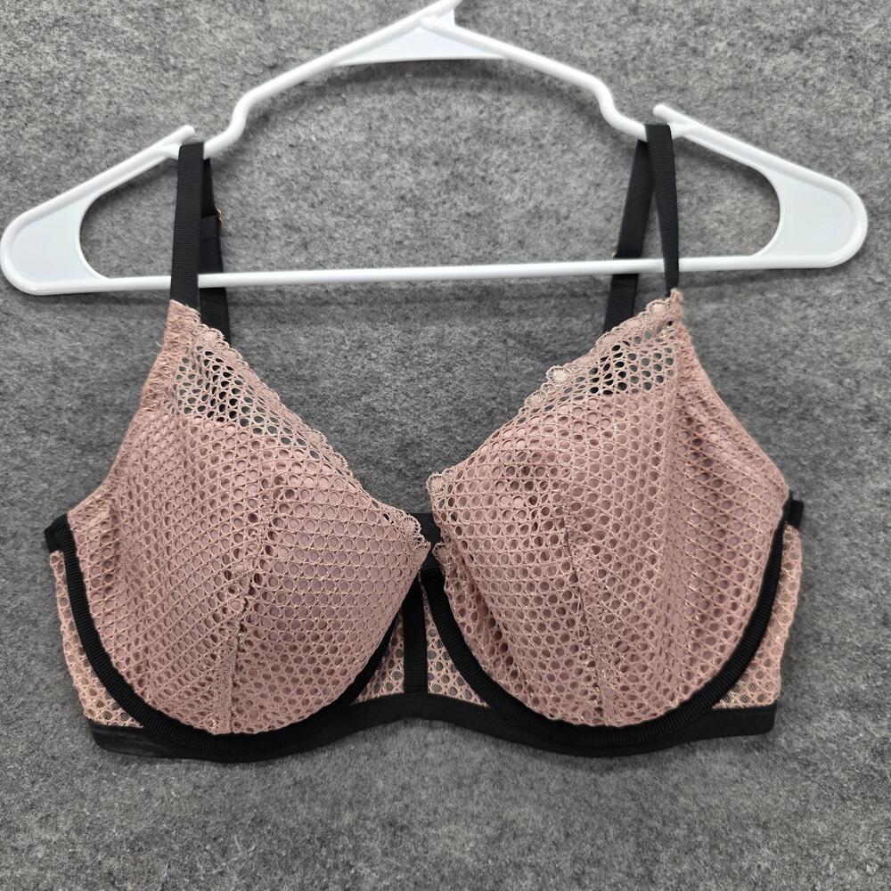 Victoria's Secret Bra Womens 34DD Pink Black Plunge Lace Mesh Underwire Straps